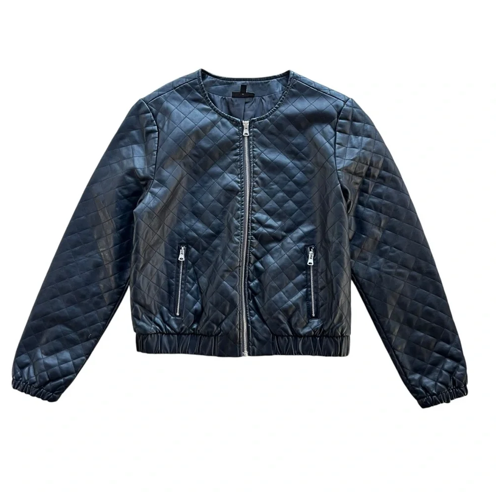 Apt. 9 Women Medium Black Faux Leather Full Zip Quilted Moto Jacket 400954691895